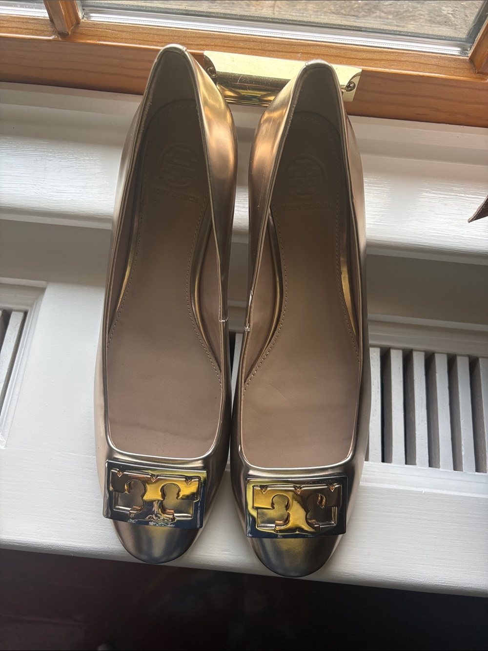 Tory Burch Metallic Gold Square-Toe Logo Pumps. Gigi Block Heel. Style # 34791